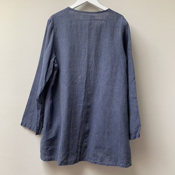 FLAX Linen Tunic Top Size Small Blue Holiday Relaxed Oversized Long Sleeves - Picture 10 of 10